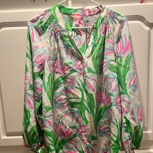 Lilly Pulitzer Tulip Print 100% Silk Elsa Top Women's Size S / Pink Green White